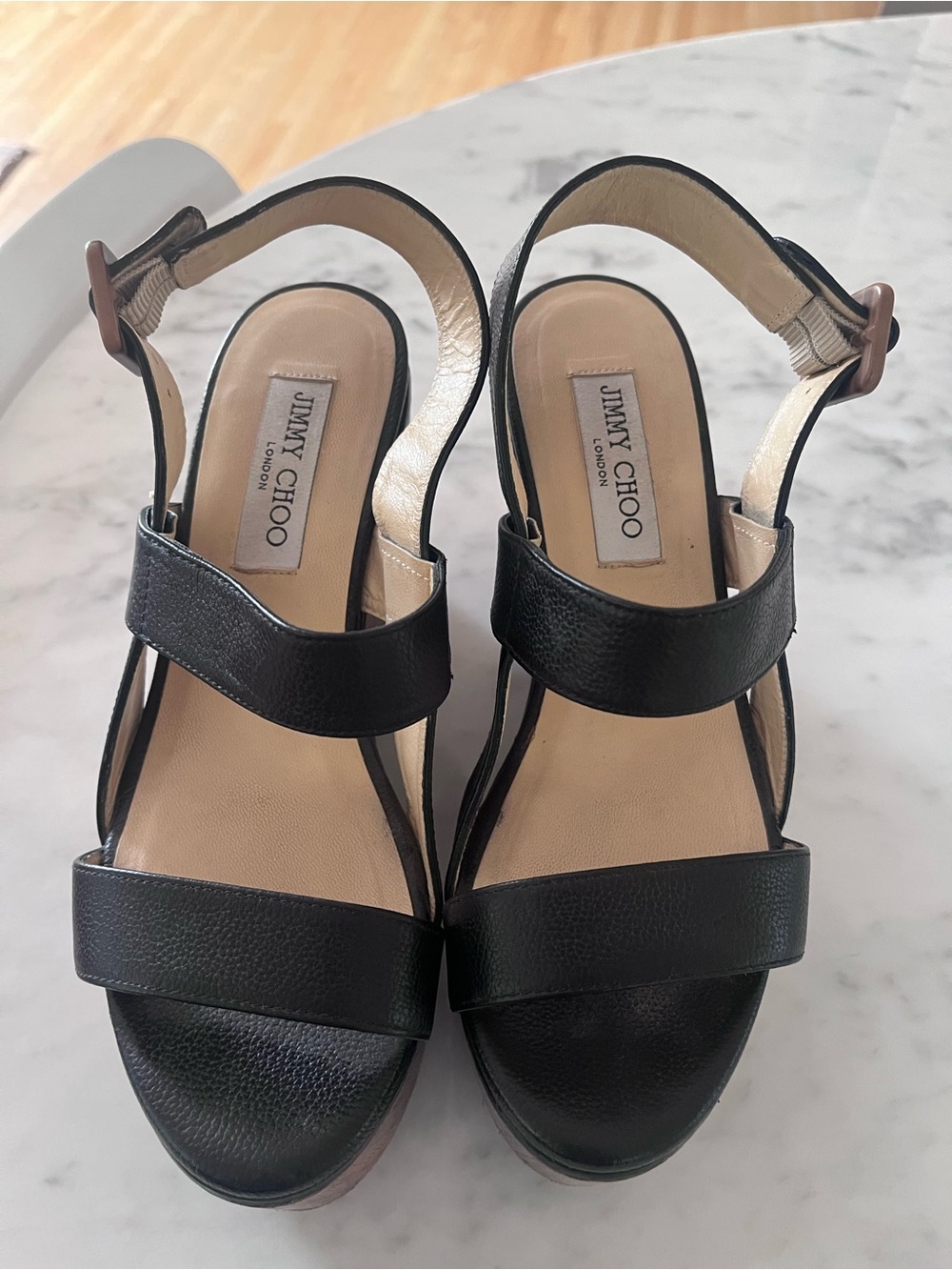Jimmy Choo black leather platform wedge sandals, size 38.5, Authentic